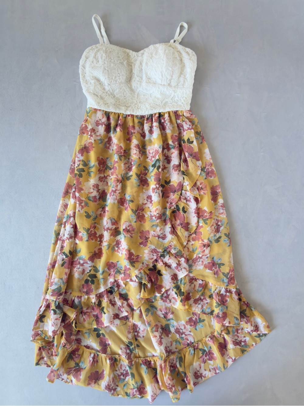 As U Wish Yellow Floral Lace Bust Sundress with Pink Blossoms